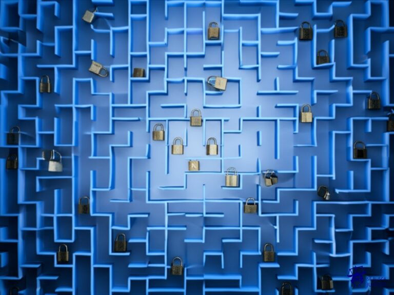 Un gran laberinto con múltiples entradas y salidas, pero todas las salidas están bloqueadas por pequeños candados idénticos. Representa: La constitucionalidad de leyes que regulan el ejercicio de profesiones y oficios, y la posible afectación de la libertad de trabajar o ejercer industria lícita.
