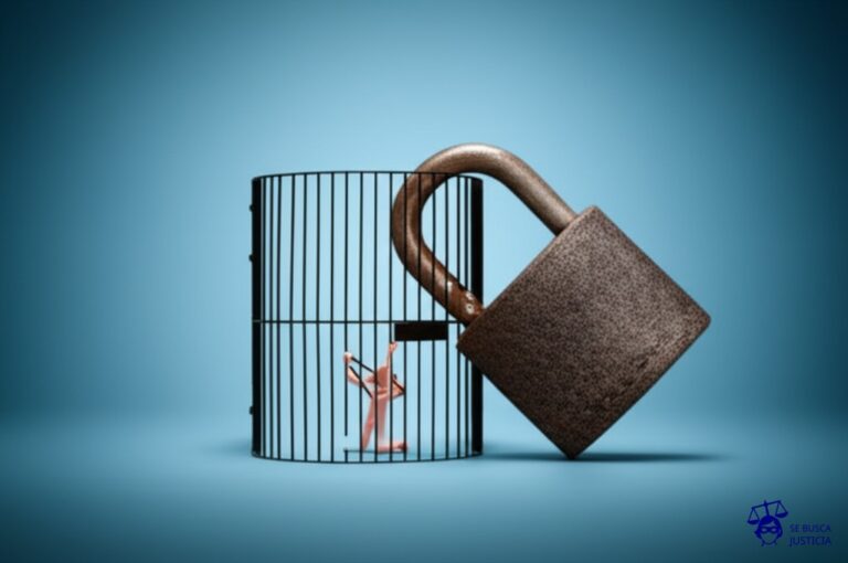 Un gran candado oxidado que cierra la puerta de una jaula, y dentro de la jaula, una pequeña y desaliñada figura humana intentando, inútilmente, abrir el candado con un clip. Representa: La constitucionalidad de medidas de seguridad que restringen derechos individuales sin una sentencia judicial firme o sin debido proceso.