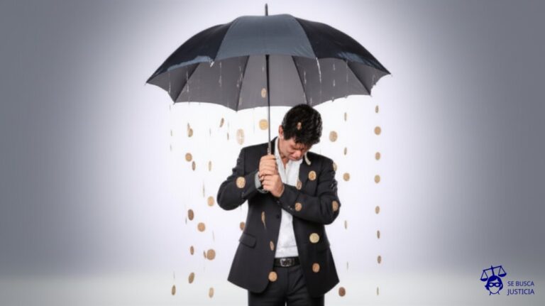 Un gran paraguas (el Estado) goteando sobre una persona (el ciudadano), pero el paraguas tiene agujeros y solo protege a medias, mientras que la persona intenta desesperadamente tapar los agujeros con monedas (la reparación por daños). Representa: La constitucionalidad de normas que regulan la responsabilidad del Estado por sus actos legítimos e ilegítimos, y la garantía de reparación por daños.