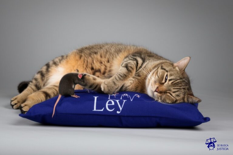 Un gato gordo durmiendo plácidamente sobre un cojín etiquetado Ley. Un ratón pequeño y asustado (el perjuicio) intenta, en vano, despertar al gato, pero no lo logra. Representa: La necesidad de un caso o controversia para que el poder judicial declare la inconstitucionalidad de una ley, y la demostración de un perjuicio directo.
