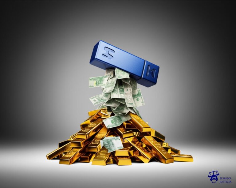 Un imán gigante, con forma de caja registradora, atrayendo con fuerza un montón de billetes sucios y deformes hacia un montón de lingotes de oro brillantes y perfectos. Representa: Lavado de dinero mediante estructuras comerciales