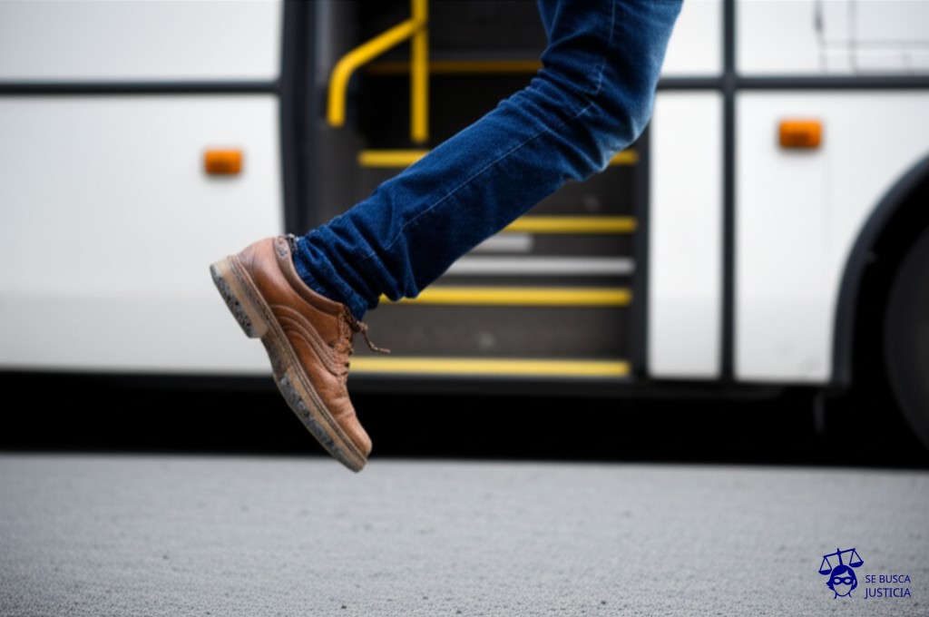 Un zapato desprendido volando por el aire, seguido de un pie que se retuerce en una posición antinatural, con el colectivo (solo la puerta) difuminado en el fondo. Representa: Lesión al bajar de colectivo en mal estado