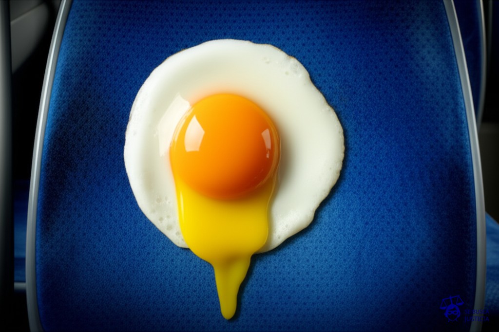 Un huevo frito, con la yema rota y chorreando, sobre un asiento de autobús. Representa: Lesión en transporte público sin seguro declarado