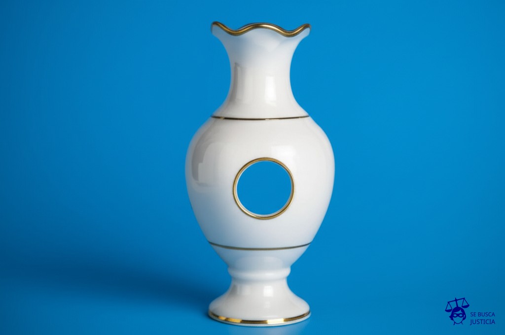 Un jarrón de porcelana elegantemente decorado, con un agujero perfectamente circular en el centro. Representa: Lesión por arma de fuego en discusión