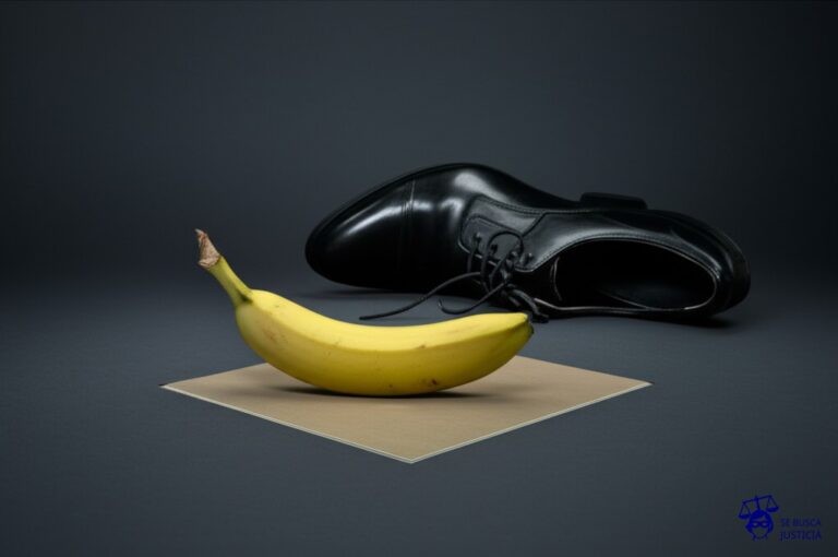 Un plátano en el suelo, perfectamente colocado en el centro de una baldosa, con un zapato elegante yace tirado junto a él. Representa: Lesión por caída en local comercial