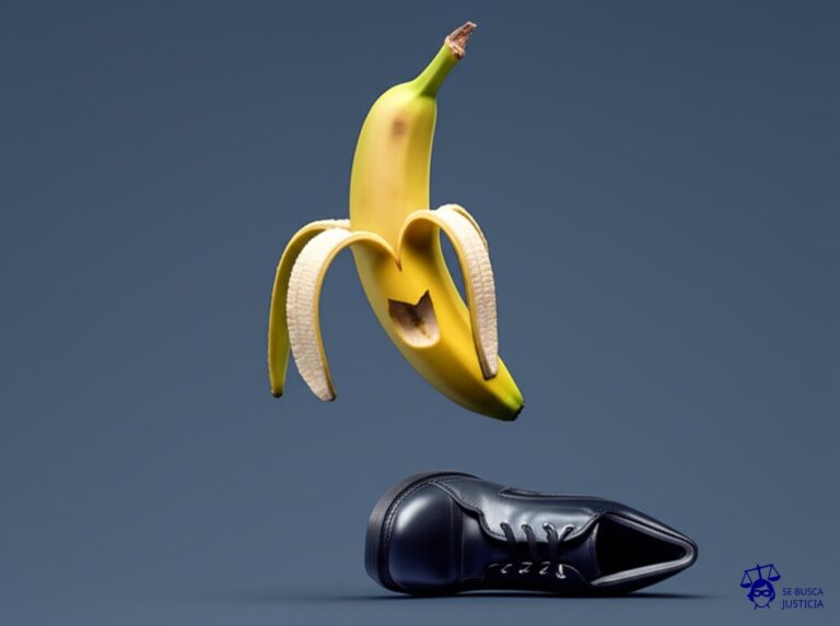 Un plátano maduro, colgado precariamente de una farola y con una abolladura en la cáscara, justo encima de un zapato solitario en el suelo. Representa: Lesión por objeto contundente caído en la vía pública