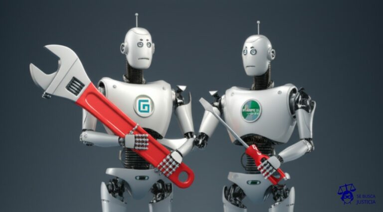 Dos robots, uno con una gran llave inglesa y el otro con un destornillador gigante, intercambiando partes de sus cuerpos, cada uno con el logo de una empresa tecnológica diferente en el pecho. Representa: Licenciamiento cruzado de patentes en industrias de alta tecnología
