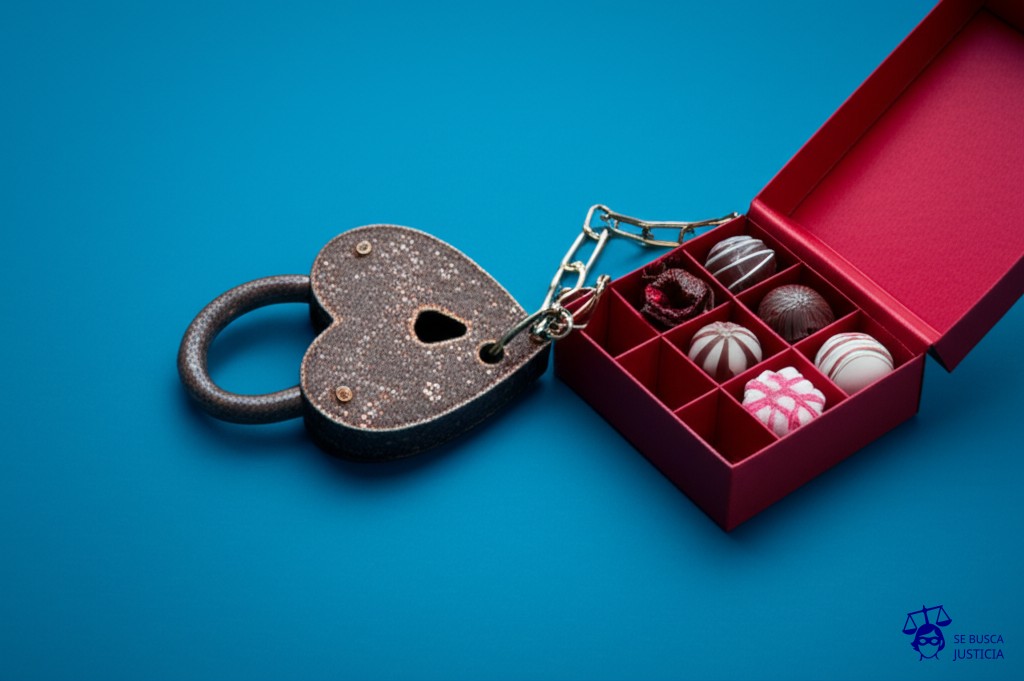 Un enorme candado oxidado, con forma de corazón, encadenando una caja de bombones abierta, con algunos bombones a medio comer. Representa: Limitación ilegítima del derecho de arrepentimiento