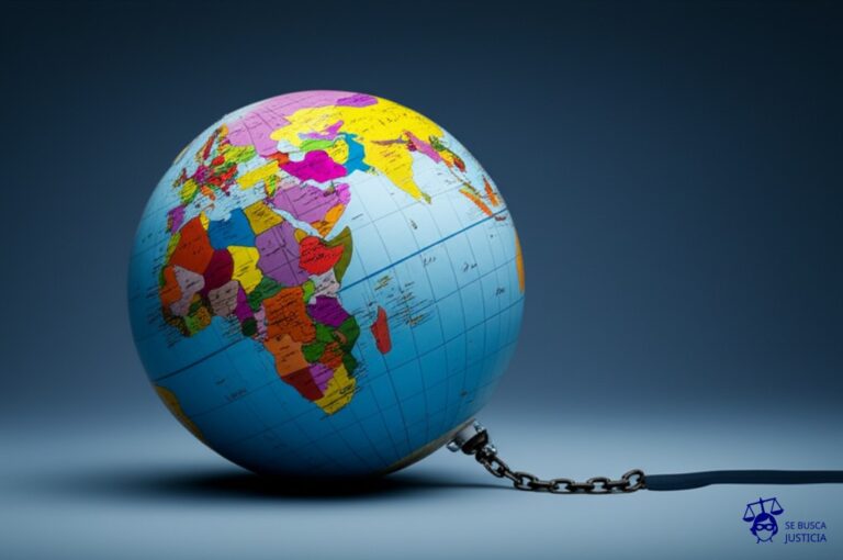 Un gran globo terráqueo, con una cadena gruesa y oxidada atada a un tobillo, que lo arrastra por el suelo, dejando un surco. Representa: Limitación indebida a la libertad de circulación