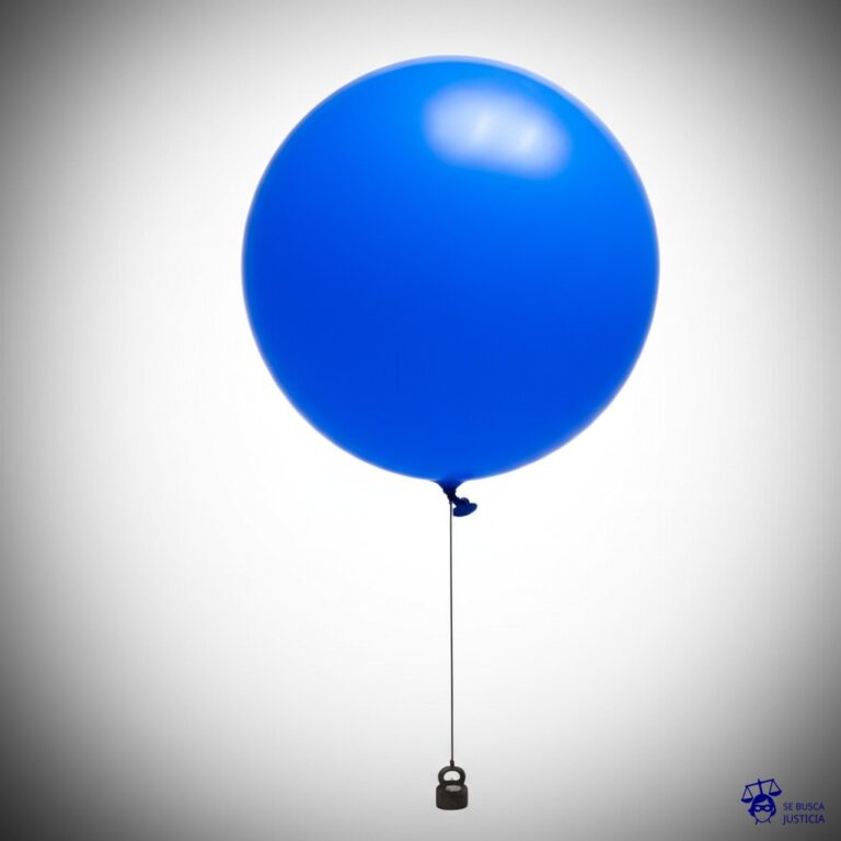 Un gran globo inflado con aire, intentando ascender, atado a una diminuta pesa de plomo. Representa: Limitación indebida al derecho a manifestarse