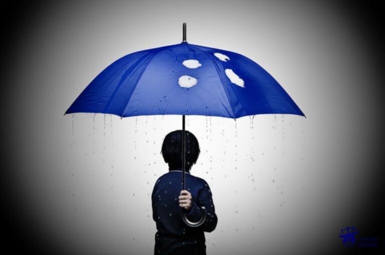 Un gran paraguas (representando el derecho a huelga) con agujeros, goteando agua sobre una persona. Representa: Limitaciones al derecho de huelga