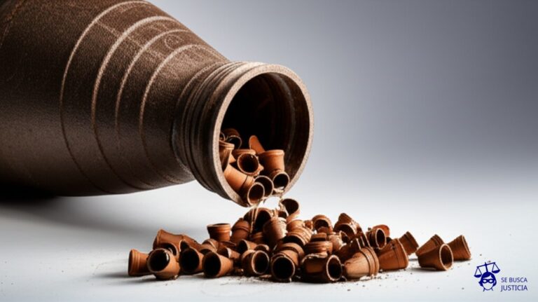 Un gran embudo oxidado, torcido y taponado con ladrillos, vertiendo un chorrito insignificante de agua turbia sobre un montón de pequeñas macetas secas y agrietadas. Representa: Limitaciones ilegales al derecho a la educación