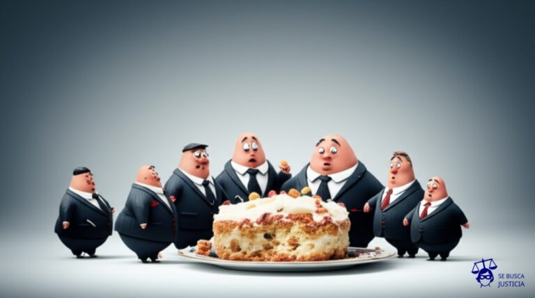 Un grupo de gusanos gordos y vestidos con trajes de negocios, todos luchando entre sí sobre un pastel de cumpleaños a medio comer, con migas y restos pegados a sus trajes. Representa: Litigios derivados de la liquidación de sociedades