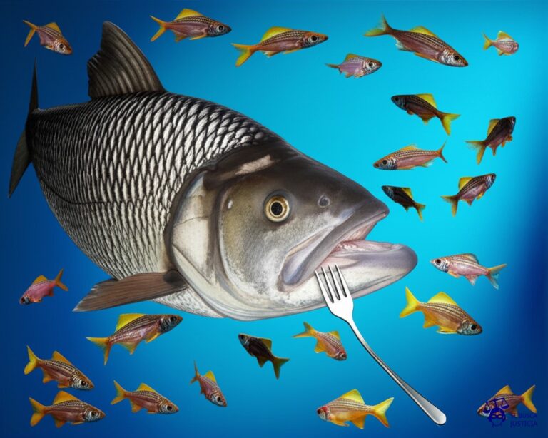 Un grupo de pequeños peces (deudores) nadando frenéticamente en un estanque, perseguidos por un pez mucho más grande y hambriento (acreedor). El pez grande lleva en su boca un tenedor. Representa: Litigios por deudas comerciales impagas