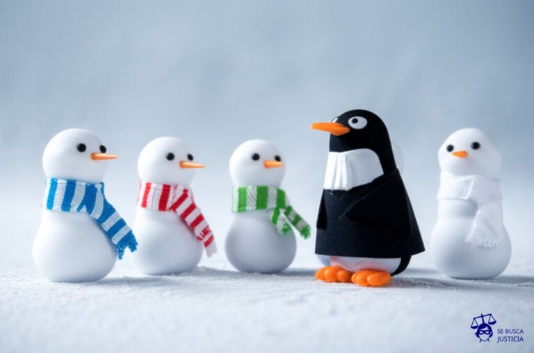 Un grupo de muñecos de nieve idénticos, cada uno con una bufanda ligeramente diferente, en una corte de hielo con un juez de pingüino. Representa: Litigios por el "trade dress" (apariencia distintiva) de productos en Argentina