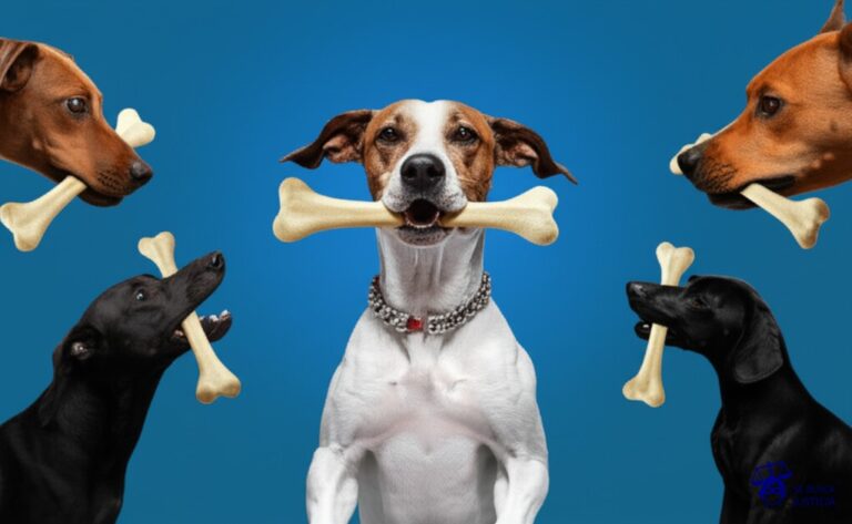 Un grupo de perros, cada uno con un hueso idéntico en la boca, jalando en direcciones opuestas, con el hueso a punto de romperse. Representa: Litigios por el uso de nombres de dominio en internet