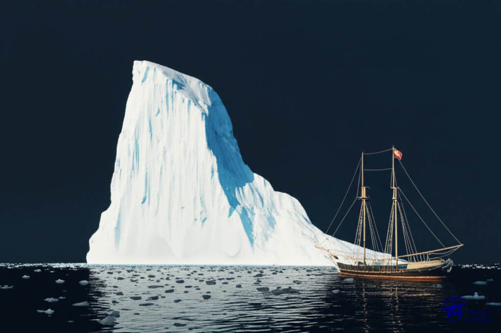 Un enorme iceberg a punto de colisionar con un pequeño yate, visiblemente deteriorado. Representa: Litigios por incumplimiento de due diligence en adquisiciones