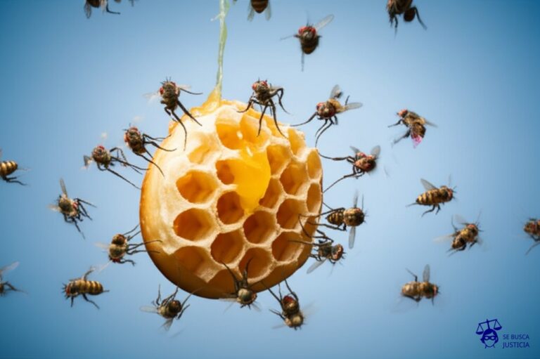 Un grupo de moscas (con diferentes expresiones de sorpresa y frustración) intentando sacar miel de un panal vacío, cada una tirando en direcciones opuestas. Representa: Litigios por interpretación de cartas de intención