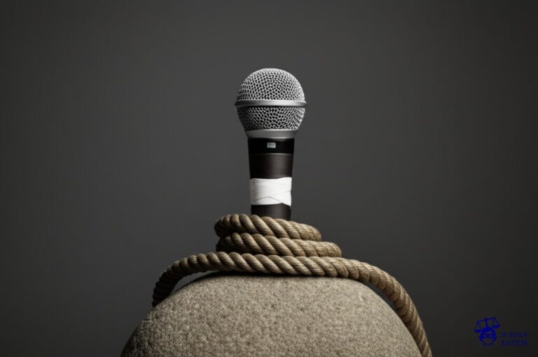 Un micrófono con una venda en la boca, atado con cuerdas a una gran piedra. Representa: Luis Alberto Spinetta fue censurado y perseguido durante la dictadura argentina por su musica