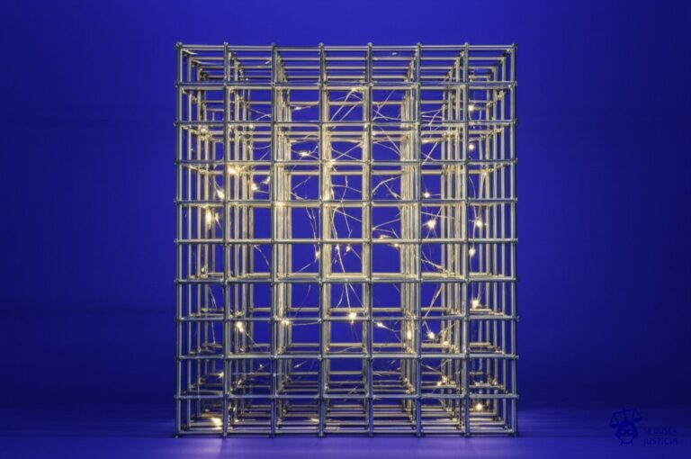 Un montón de luciérnagas (o pequeñas luces parpadeantes) atrapadas en una jaula metálica. Representa: Luzinterruptus fue multado por intervenciones callejeras luminosas no autorizadas