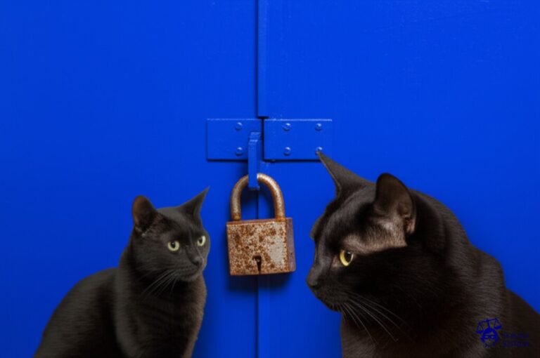 Una gran puerta de acero con un candado enorme y oxidado, custodiada por un gato negro obeso, con mirada amenazante. Representa: Madre no permite contacto del padre con los hijos