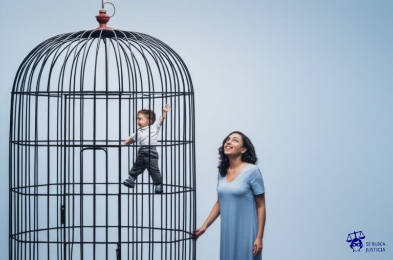 Una jaula para pájaros grande, con un agujero en la parte superior, y un niño pequeño intentando escalar por ese agujero. La madre, con una sonrisa forzada, está de pie fuera de la jaula, mirando hacia arriba. Representa: Madre quiere llevar al hijo al exterior sin autorización