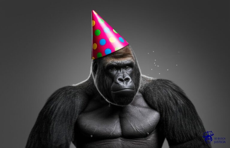 Un gorila robusto (representando el desarrollo comercial) usando un sombrero de fiesta (representando la licencia open source) que le queda ridículamente pequeño y está a punto de explotar por la presión. Representa: Mal uso de licencias open source en desarrollos comerciales
