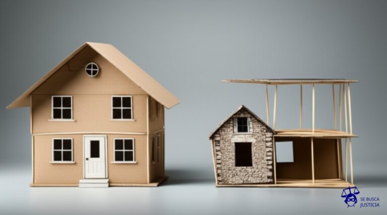 Un intercambio de casas: una casa de cartón con una fachada impecable se intercambia por una mansión de piedra que, al ser empujada, revela estar hueca y sostenida por palillos de dientes. Representa: Mala fe en permutas inmobiliarias