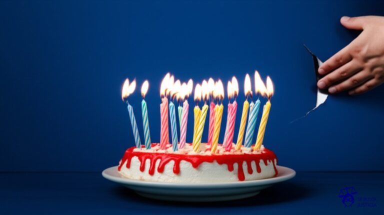 Un pastel de cumpleaños con muchas velas, pero todas las velas son de formas y tamaños extraños y están siendo encendidas por una mano invisible que sale de un agujero en la pared. El pastel parece delicioso pero ligeramente torcido. Representa: Manipulación de elecciones por injerencia extranjera