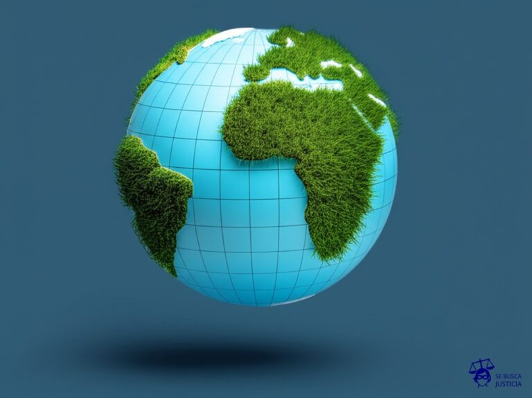 Un globo terráqueo delicadamente pintado, con un parche gigante y grotesco de hierba artificial cubriendo un área previamente deforestada. Representa: Manipulación de evaluaciones de impacto ambiental