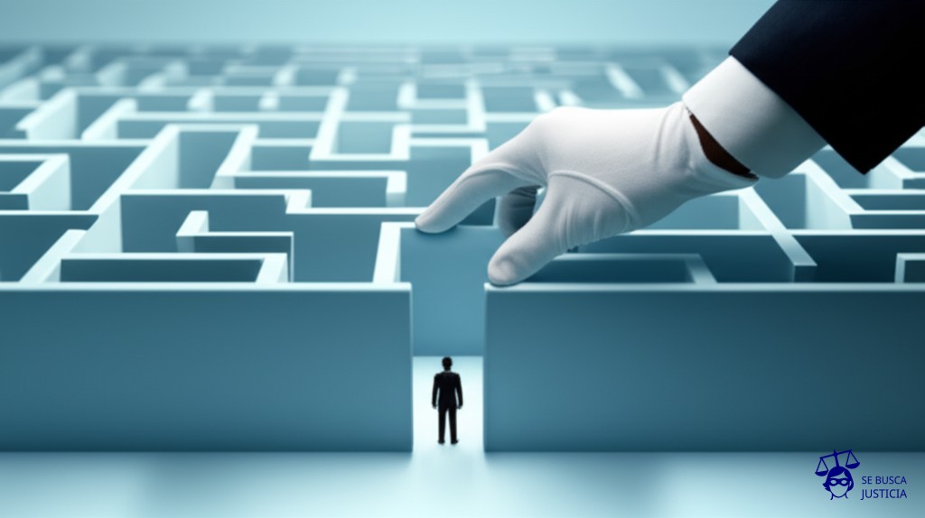 Un laberinto intrincado con una única entrada y una salida, pero la salida está constantemente siendo movida por una mano invisible y enguantada. Representa: Manipulación de procedimientos administrativos