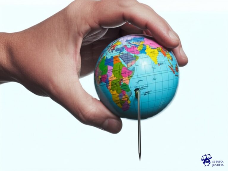 Un gran globo terráqueo pinchado con un alfiler, con una mano gigante (estilizada y exagerada) emergiendo desde un lateral, sujetando el alfiler. Representa: Mano de Henry en el Repechaje Francia vs. Irlanda (Mundial 2010)