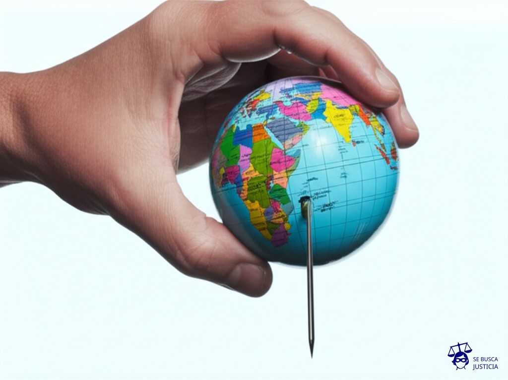 Un gran globo terráqueo pinchado con un alfiler, con una mano gigante (estilizada y exagerada) emergiendo desde un lateral, sujetando el alfiler. Representa: Mano de Henry en el Repechaje Francia vs. Irlanda (Mundial 2010)