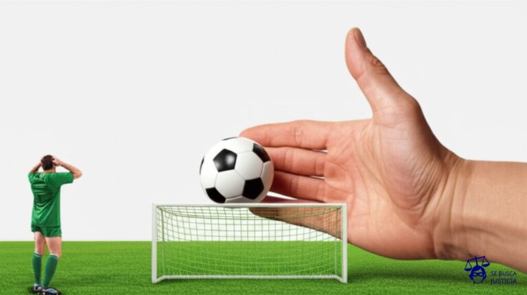 Una mano gigante, desproporcionada, con la palma hacia abajo, empujando una pequeña pelota de fútbol hacia una portería, mientras un jugador diminuto, con las manos en la cabeza, observa la escena con desesperación. Representa: Mano de Thierry Henry ante Irlanda en la repesca al Mundial 2010: asistió el gol clasificatorio con una mano clara no sancionada