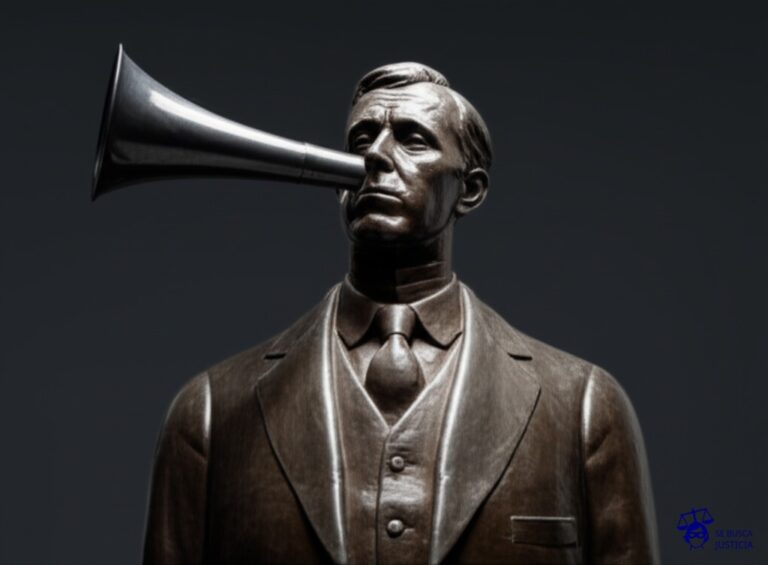 Un gran altavoz (bocina) deformando grotescamente una estatua de un hombre. Representa: Manuel Baron creo una version de la imagen de Gaitan El Bocinazo lo que genero debate politico en el arte