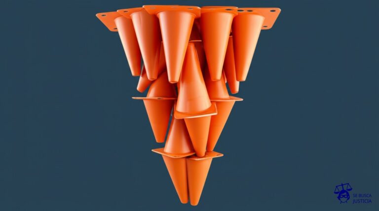 Un embudo gigante, con la boca hacia arriba, lleno hasta el borde de conos de tránsito naranjas. Un grupo de pequeños conos, del mismo color, intentan desesperadamente escapar por la parte inferior del embudo, pero son aplastados por la presión. Representa: Megacausa de corrupción: detienen a Director de la Policía Caminera y otros jefes (Córdoba)