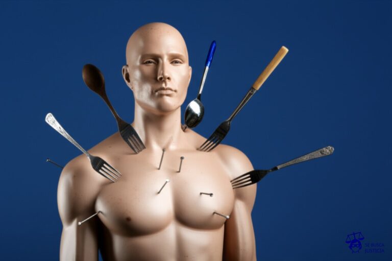 Un maniquí con una serie de agujeros estratégicamente colocados, cada uno atravesado por un objeto cotidiano (un tenedor, un bolígrafo, una cuchara), como si fueran clavos. Representa: Melquiades Herrera utilizo el cuerpo como medio de expresion lo que pudo generar controversia por su naturaleza performatica