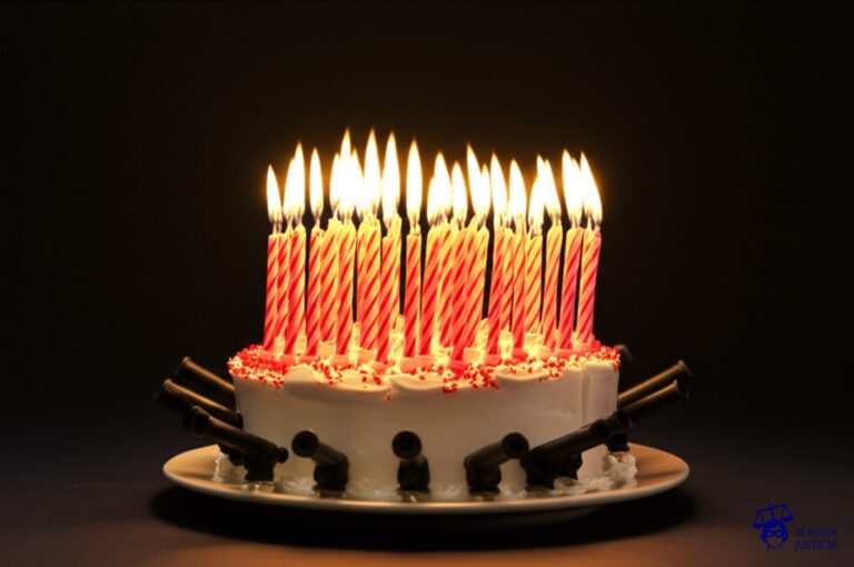 Un pastel de cumpleaños adornado con velas, pero en lugar de ser sopladas, las velas están siendo reemplazadas por pequeños cañones que apuntan hacia el pastel. Representa: Militarización de zonas desmilitarizadas en tratados vigentes