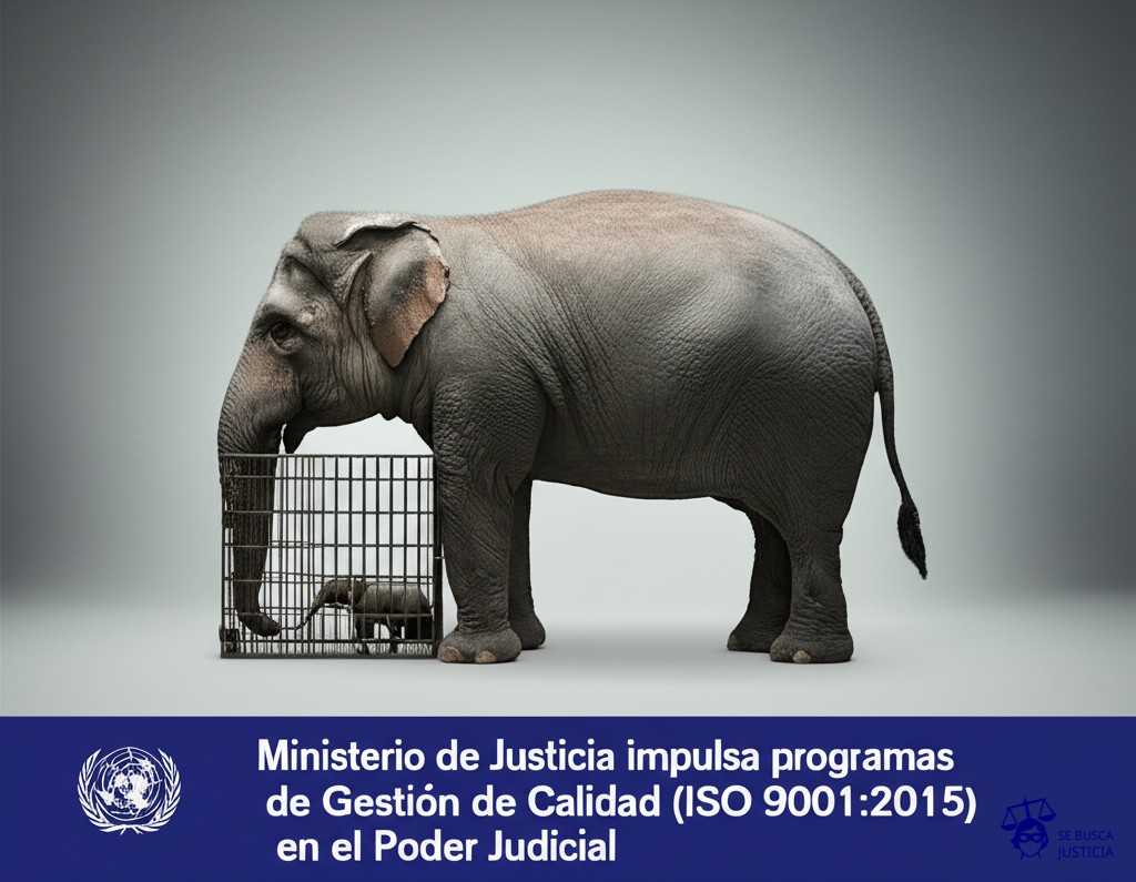 Un elefante intentando meterse en una jaula para ratones. Representa: Ministerio de Justicia impulsa programas de Gestión de Calidad (ISO 9001:2015) en el Poder Judicial