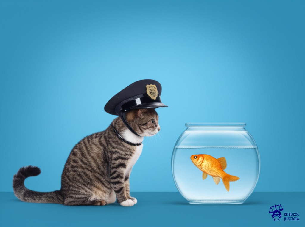 Un gato con un sombrero de policía, intentando meter un pez dorado en una pecera vacía. Representa: Miranda v. Arizona