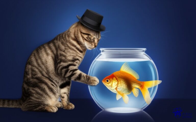 Un gato con un sombrero de copa intentando robar un pez dorado de una pecera, pero el pez es visiblemente más grande que la abertura de la pecera. Representa: Modificación no autorizada de obras protegidas