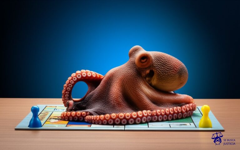 Un pulpo cambiando unilateralmente las reglas de un juego de mesa, moviendo las fichas a su antojo mientras el otro jugador (representado por una única ficha) observa impotente. Representa: Modificación unilateral de condiciones contractuales