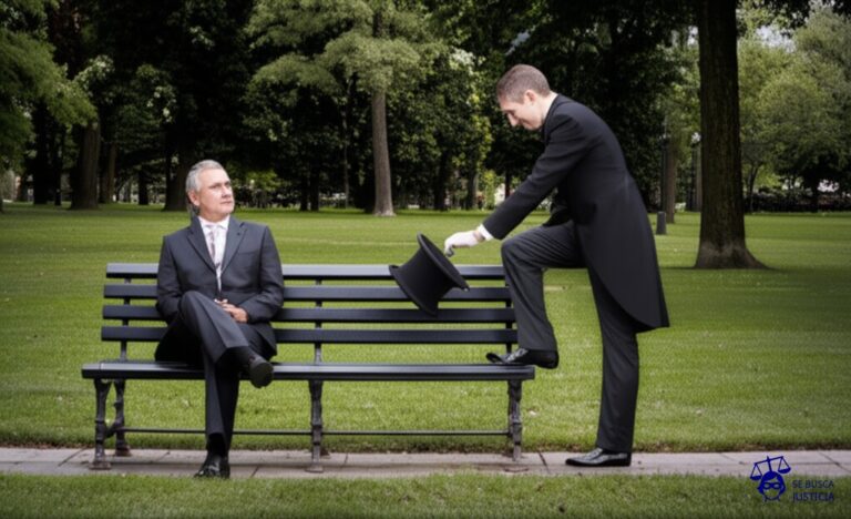 Un hombre con un sombrero de copa quitándole sigilosamente el asiento a otro en un parque. Representa: Modificación unilateral de condiciones contractuales