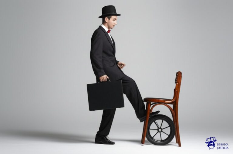 Un hombre, con un sombrero de copa y un maletín, cambia sigilosamente la base de una silla de una sola pata, reemplazándola por una rueda de patinete. Representa: Modificación unilateral de condiciones laborales