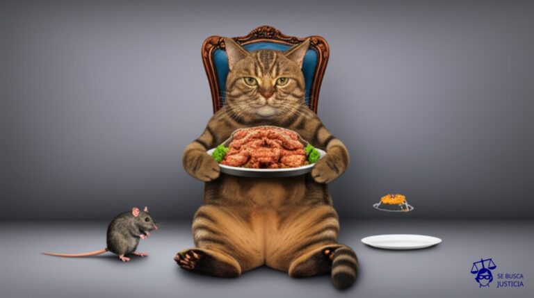 Un gato gordo y sonriente, sentado en una silla elegante, comiendo un plato lleno de comida fina. A su lado, un ratón delgado y asustado observa, con un plato vacío. Representa: Modificación unilateral de contratos administrativos