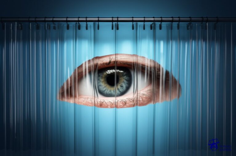 Un ojo gigante, estilizado y con una pupila en forma de cámara, escondido detrás de una cortina de ducha transparente. Representa: Monitorización de empleados sin informar debidamente