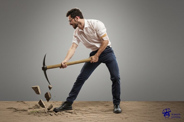 Un hombre con un pico (herramienta) intentando cavar con fuerza en el suelo, pero la herramienta se rompe en pedazos al primer intento. Representa: Municipio pierde juicio por invocar normas derogadas (Río Negro)