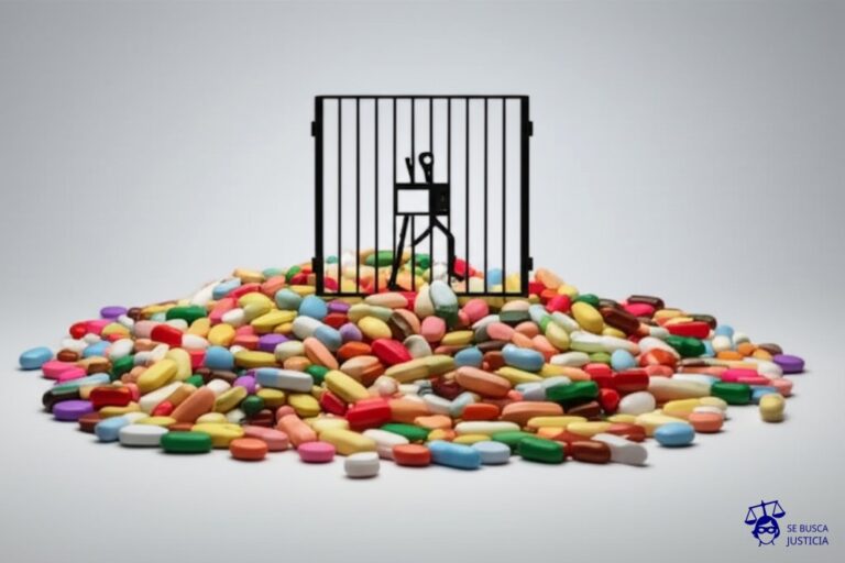 Una pila de pastillas de opioides (grandes, exageradas) con una diminuta figura humana (estilizada, casi un garabato) atrapada en la cima, con una reja de barras delgadas que la rodean. Representa: Nan Goldin fue arrestada durante protestas contra Purdue Pharma por su rol en la crisis de opioides