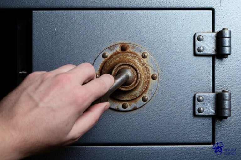 Una caja fuerte, con una cerradura oxidada y una mano intentando abrirla sin éxito, con gestos de frustración. Representa: Negación de acceso a historial de transacciones