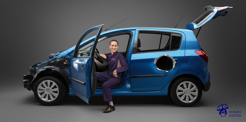 Un coche nuevo, impecable, con un mecánico dentro, sonriendo, y el coche a medio desmontar, con un agujero enorme en el lateral, como si lo hubieran atravesado. El mecánico, con una mano en el bolsillo, señalando con la otra el agujero. Representa: Negativa a cubrir daños causados durante reparaciones